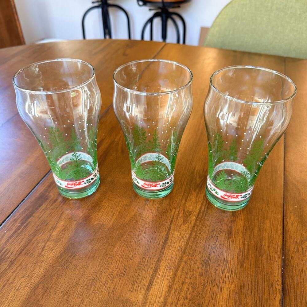Libbey Coca-Cola Christmas Tumbler Glass 1991 Vintage Pine Trees and Holly Berry - Picture 15 of 15